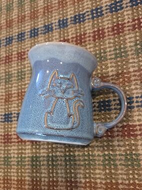 La Rochelle Denim Blue Drip Glaze Kitty Cat Coffee Mug Ceramic Pottery Embossed